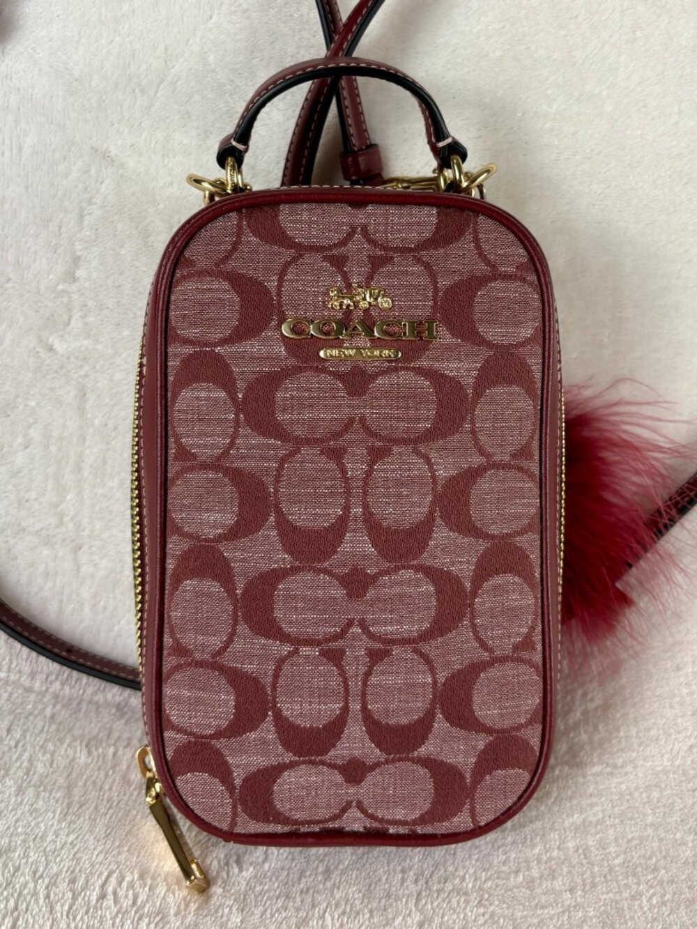 Coach Eva Phone Crossbody in Signature Chambray and Leather in Wine with Charm